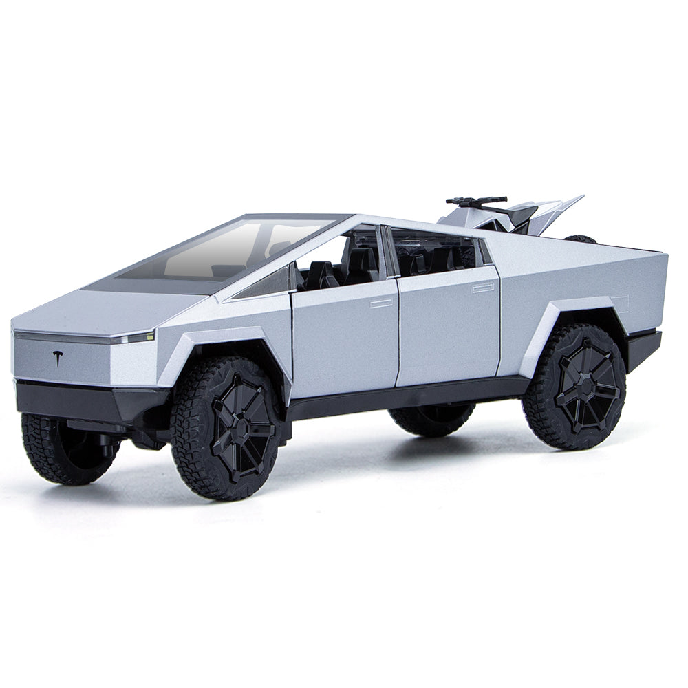 XHD 1:24 Scale Die-Cast Alloy Model Toy Compatible with Tesla Cybertruck - with Mini Motorcycle, Opening Doors, Sound & Light, Pull-Back Function, Shock Absorption & Steering - Electric Truck Collection