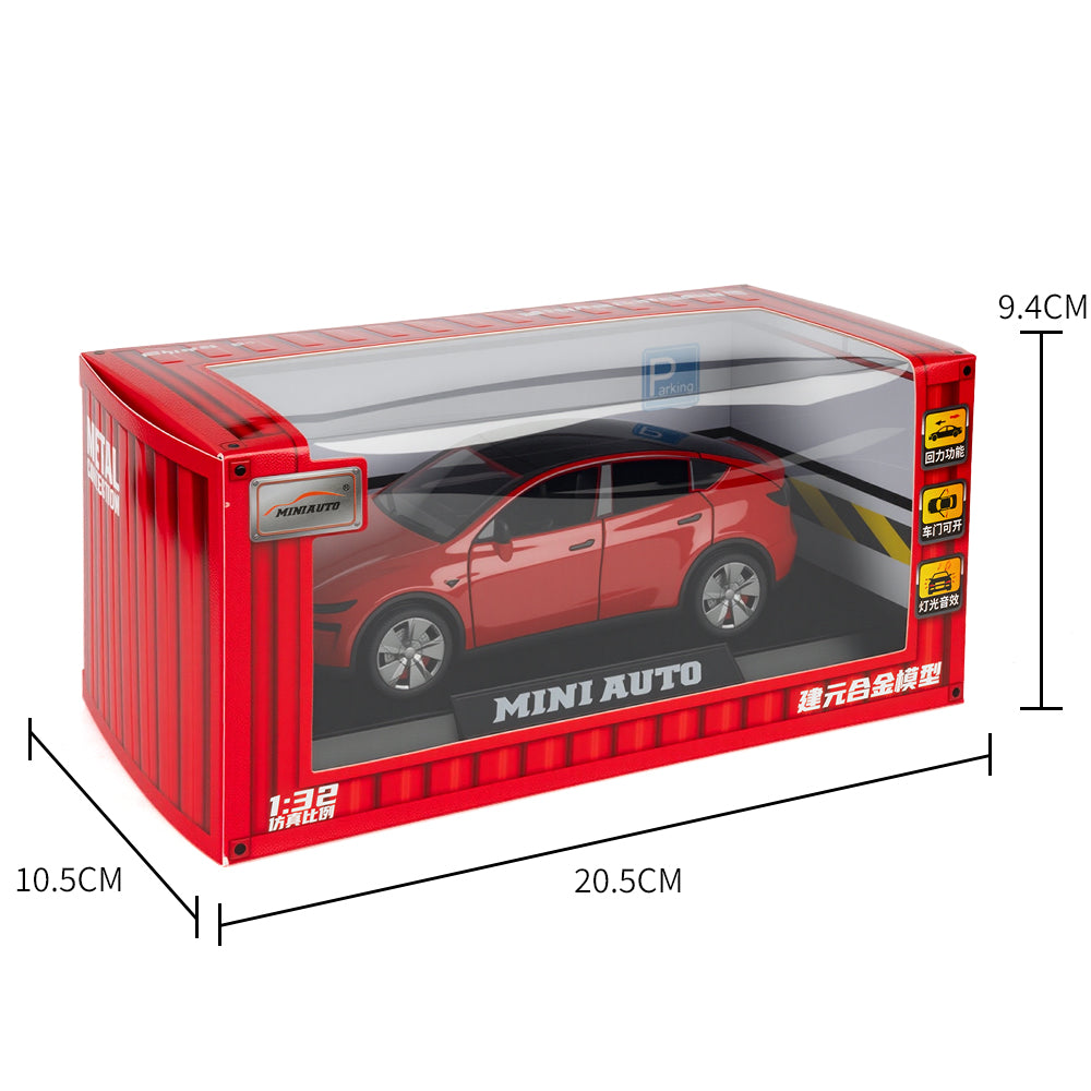 Jianyuan 1:32 Die-Cast Alloy Model - Compatible with Tesla Model Y - Electric SUV with Opening Doors, Sound & Light, Pull-Back Action, Horn & Foldable Mirrors