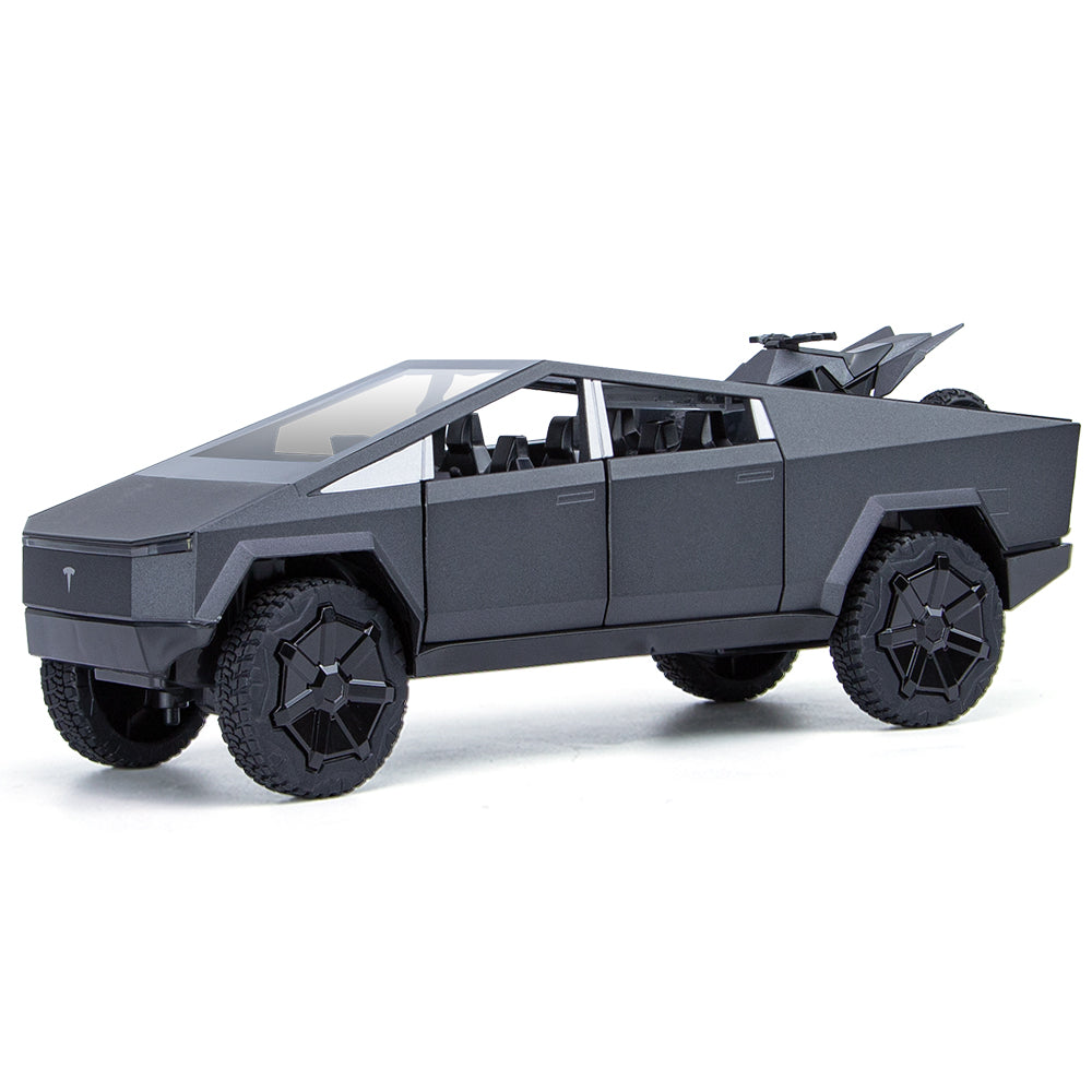 XHD 1:24 Scale Die-Cast Alloy Model Toy Compatible with Tesla Cybertruck - with Mini Motorcycle, Opening Doors, Sound & Light, Pull-Back Function, Shock Absorption & Steering - Electric Truck Collection
