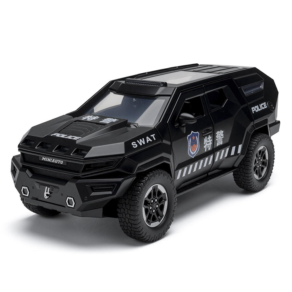 MINIAUTO 1:24 Scale Die-Cast Alloy Model Toy Compatible with Rezvani Vengeance Police Edition - Working Roof Lightbar, Opening Doors, Sound & Light, Pull-Back Function, Shock Absorption, Steering & Horn - Law Enforcement Vehicle Collection
