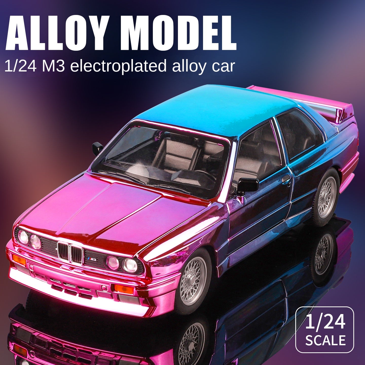 Jinglifang 1:24 Scale Chrome Edition Die-Cast Alloy Model Toy Compatible with BMW M3 - Opening Doors, Sound & Light, Pull-Back Function, Shock Absorption, Steering, Horn & Foldable Mirrors - Sports Car Collection