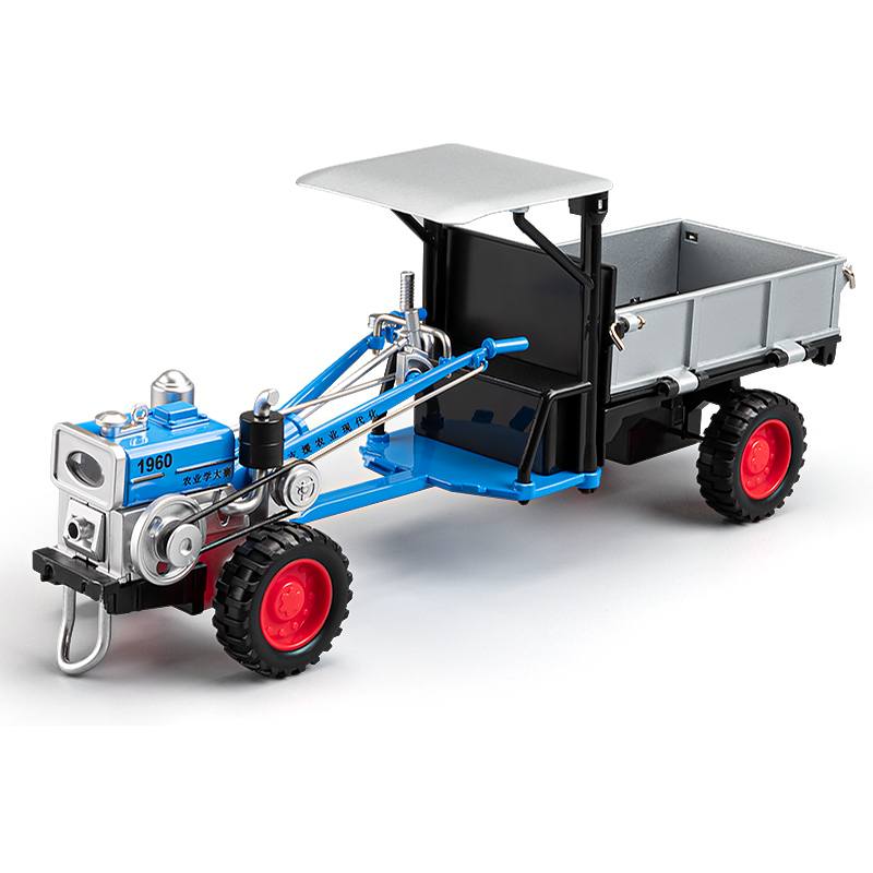1:24 Die-Cast Alloy Walk-Behind Tractor Model - Walking Tractor with Simulated Starting Crank, Sound & Light, Pull-Back Action, Steering, Liftable Trailer & Lowerable Tailgate