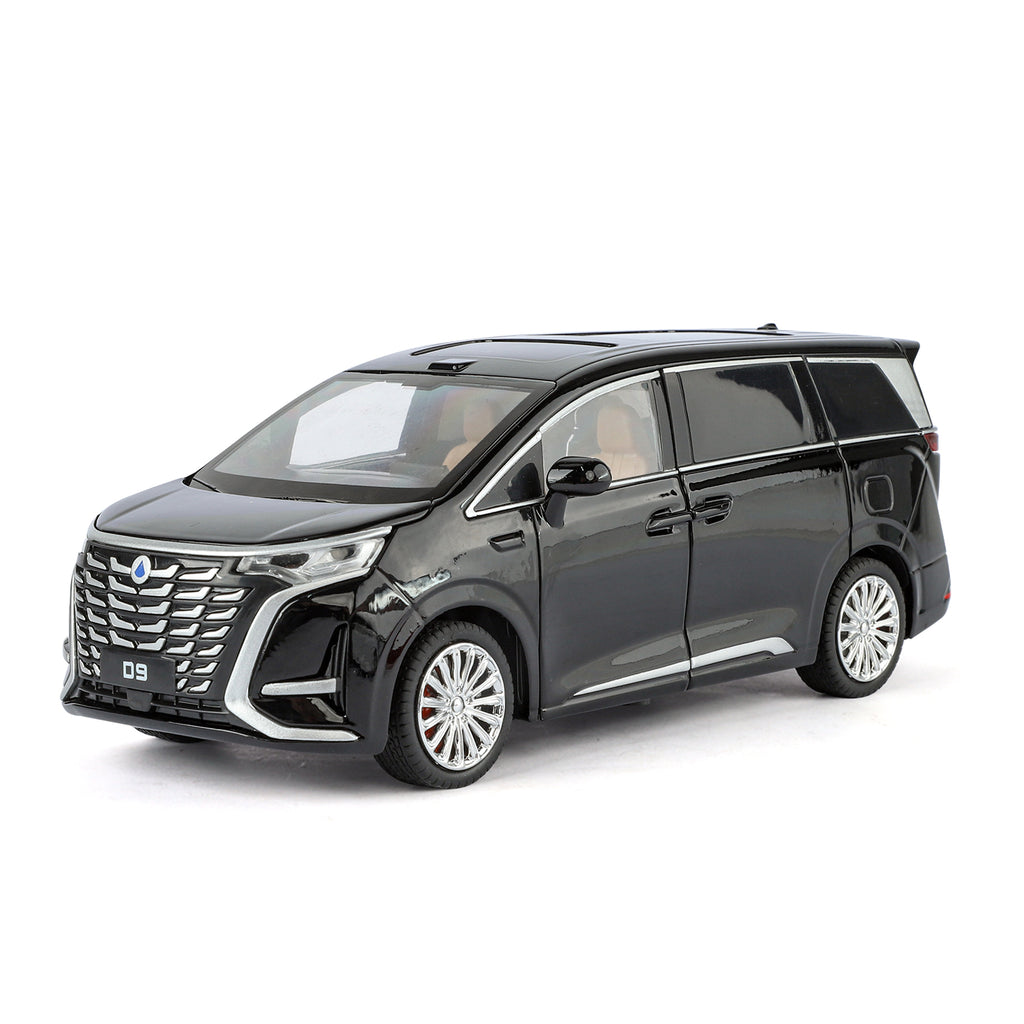 Juguete modelo ZGTX de aleación fundida a presión a escala 1:24 compatible con Denza D9: puertas que se abren, sonido e iluminación, función de retroceso, amortiguación, dirección y bocina. Colección de monovolúmenes de lujo.