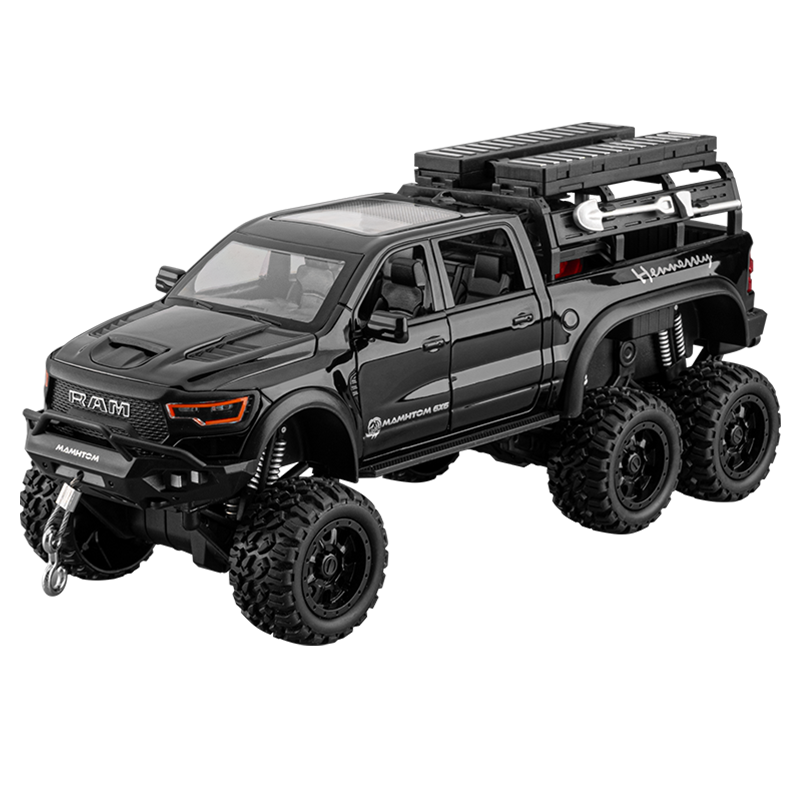 Chezhi 1:24 Die-Cast Alloy Model - Compatible with Dodge Ram Mammoth - Off-Road Pickup Truck with Truck Bed, Roof Rack & Tools, Opening Doors, Sound & Light, Pull-Back, Shock Absorption, Winch & Foldable Mirrors