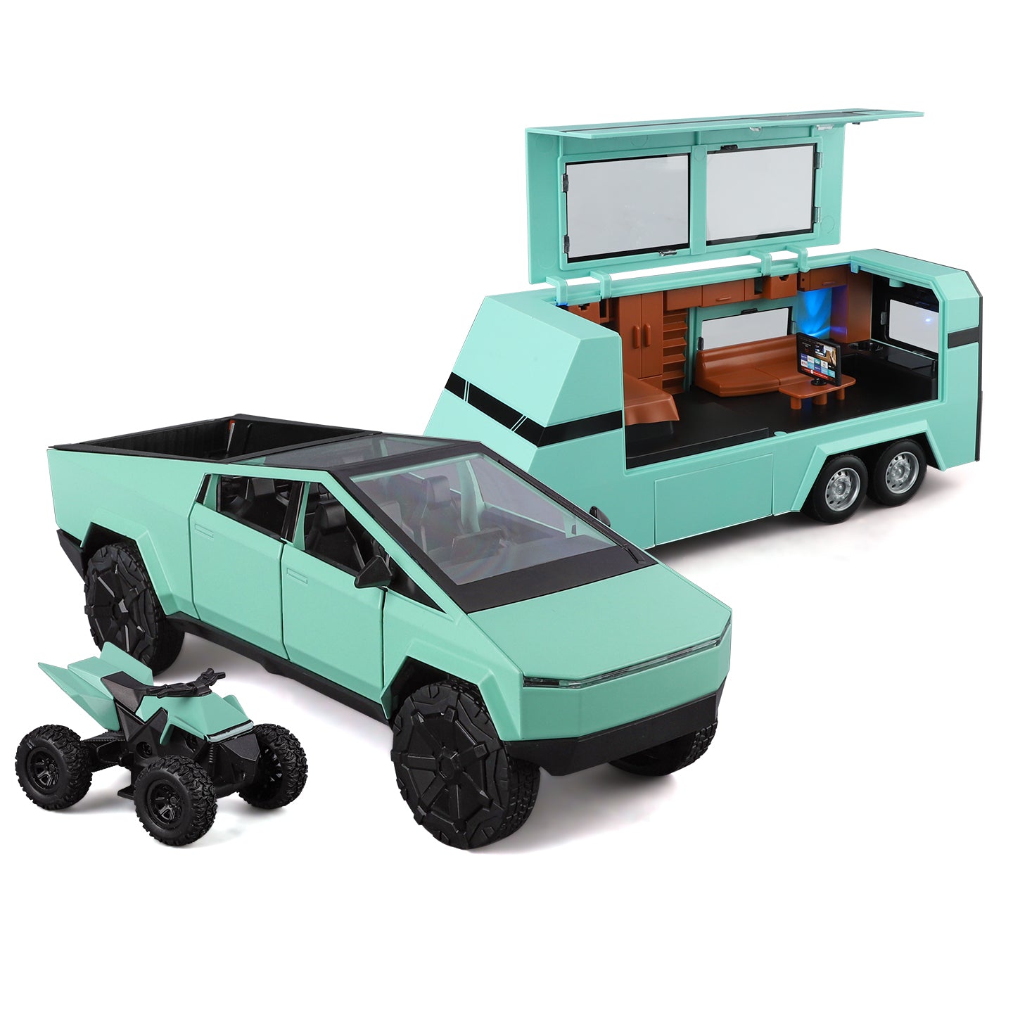 Modelo de juguete de aleación Tesla Cybertruck Camper a escala 1:24 XHD con minimoto, estación de carga y accesorios - Colección de vehículos eléctricos de aventura