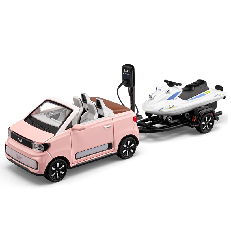 Chezhi 1:24 Die-Cast Alloy Model - Compatible with Wuling MINI EV & Motorboat Trailer Set - Compact Leisure Kit with Opening Doors, Sound & Light & Pull-Back Action