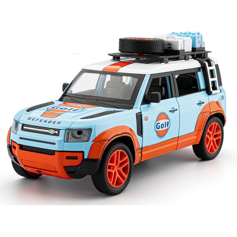 Beleying 1:24 Die-Cast Alloy Model - Compatible with Land Rover Defender - Gulf Oil / Camel Trophy Limited Edition with Roof Rack, Opening Doors, Sound & Light, Pull-Back Action & Shock Absorption