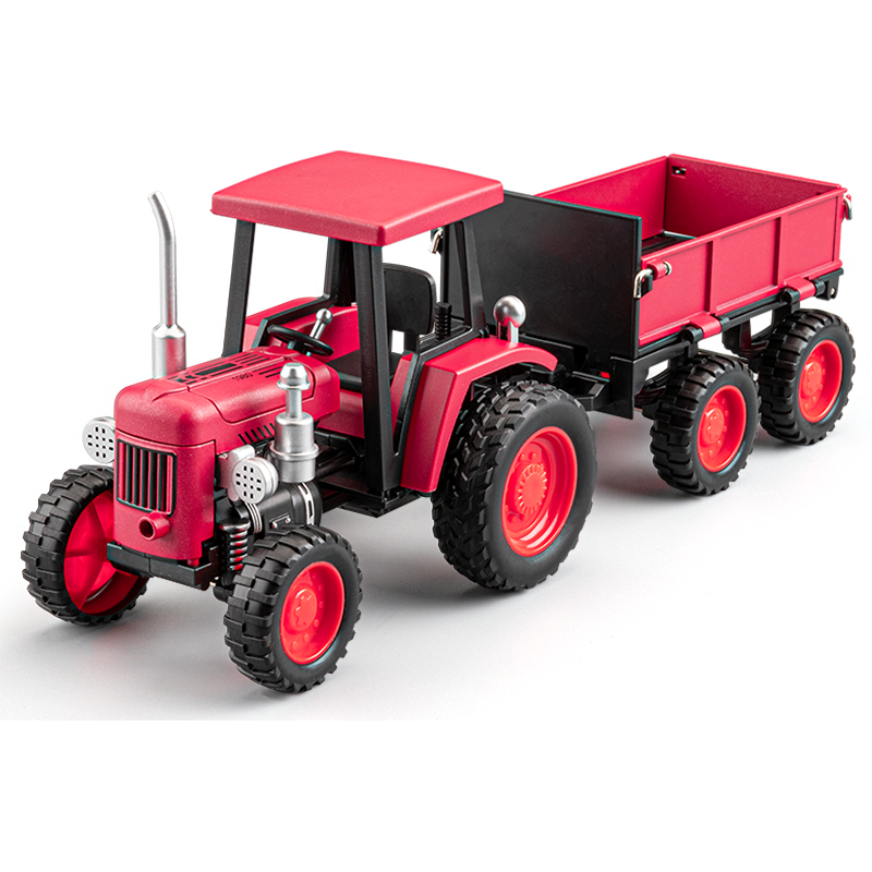 1:24 Die-Cast Alloy Tractor Model - Farm Vehicle with Simulated Starting Crank, Sound & Light, Pull-Back Action, Liftable Trailer & Lowerable Tailgate