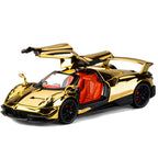Maqueta de juguete de aleación fundida a presión XHD a escala 1:24, edición cromada, compatible con Pagani Huayra BC: puertas que se abren, sonido e iluminación, función de retroceso, amortiguación, dirección y bocina - Colección Hypercar