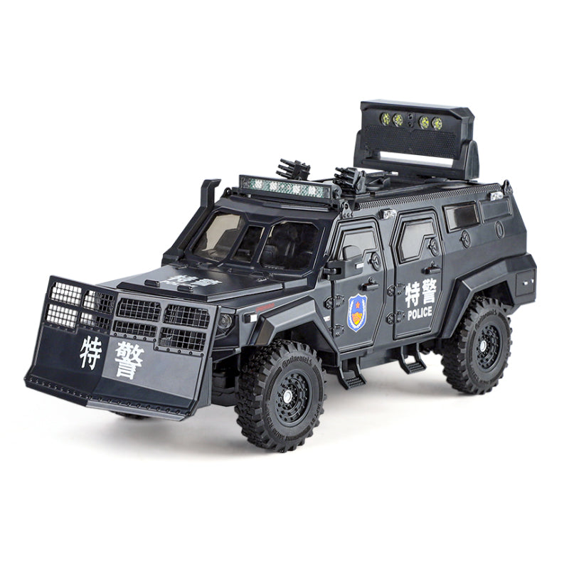 OK 1:24 Die-Cast Alloy Riot Control & Dispersion Vehicle “Spinosaurus” Model - with Deployable Protective Mesh, Opening Doors, Sound & Light, Pull-Back Action, Shock Absorption & Interactive Steering Wheel