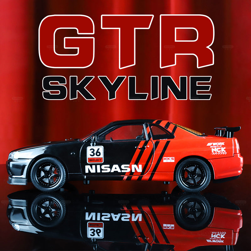 Jin Lifang 1:24 Die-Cast Alloy Model - Compatible with Nissan Skyline GT-R (R34) - JDM Icon with Racing Livery, Opening Doors, Sound & Light, Pull-Back Action, Shock Absorption & Interactive Steering