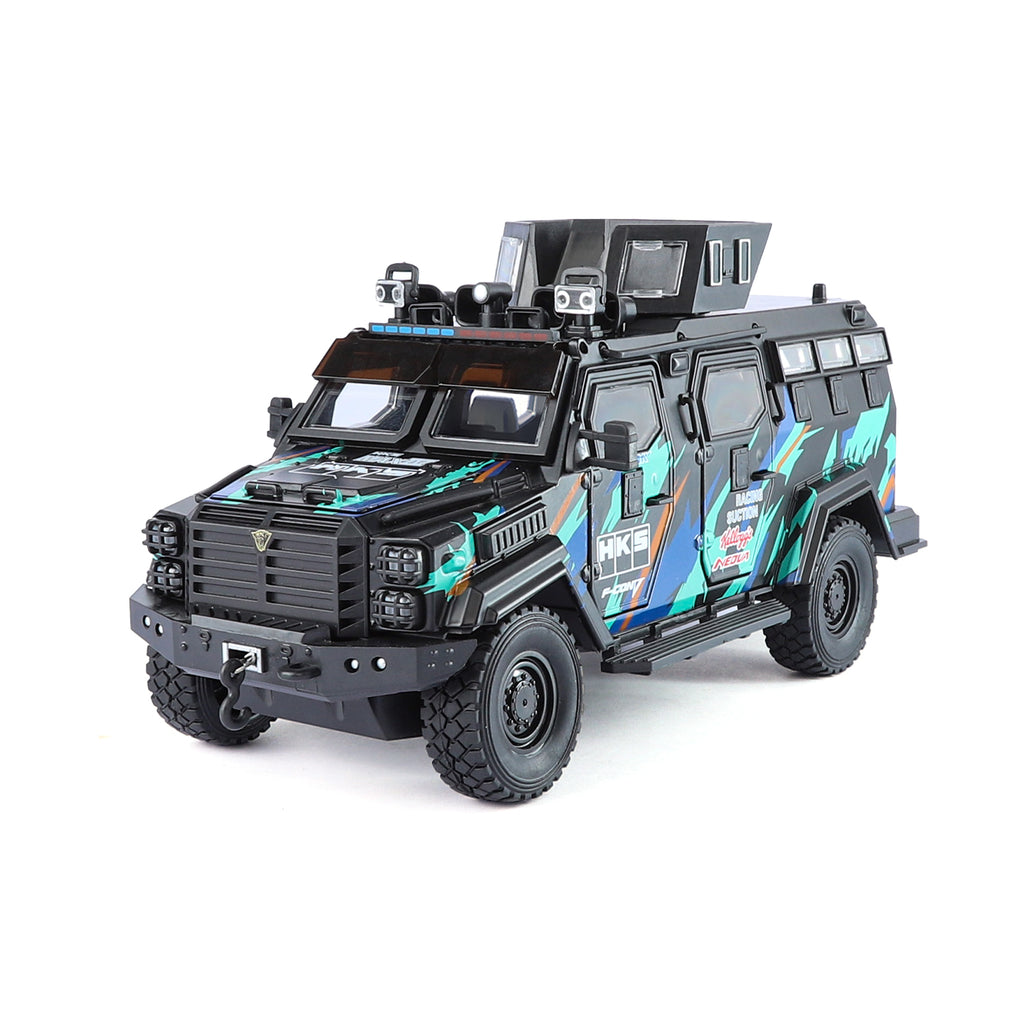 Jinglifang 1:24 Scale Licensed Leopard Armored Riot Vehicle Livery Edition Die-Cast Alloy Model Toy - Opening Doors, Sound & Light, Pull-Back Function, Shock Absorption, Steering & Horn - Law Enforcement Vehicle Collection