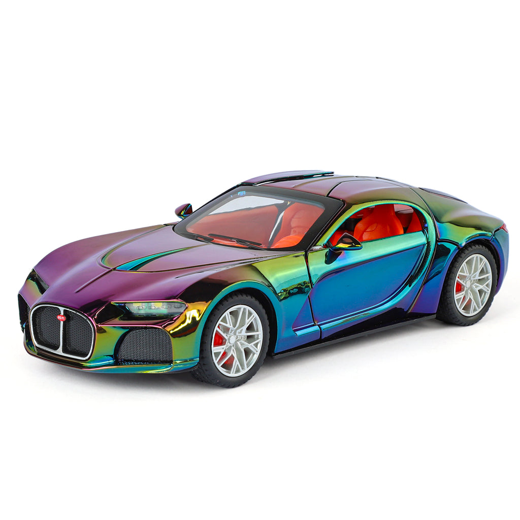XHD 1:24 Scale Chrome Edition Die-Cast Alloy Model Toy Compatible with Bugatti Atlantic - Opening Doors, Sound & Light, Pull-Back Function, Shock Absorption, Steering, Horn with Mini Luggage Set - Classic Car Collection