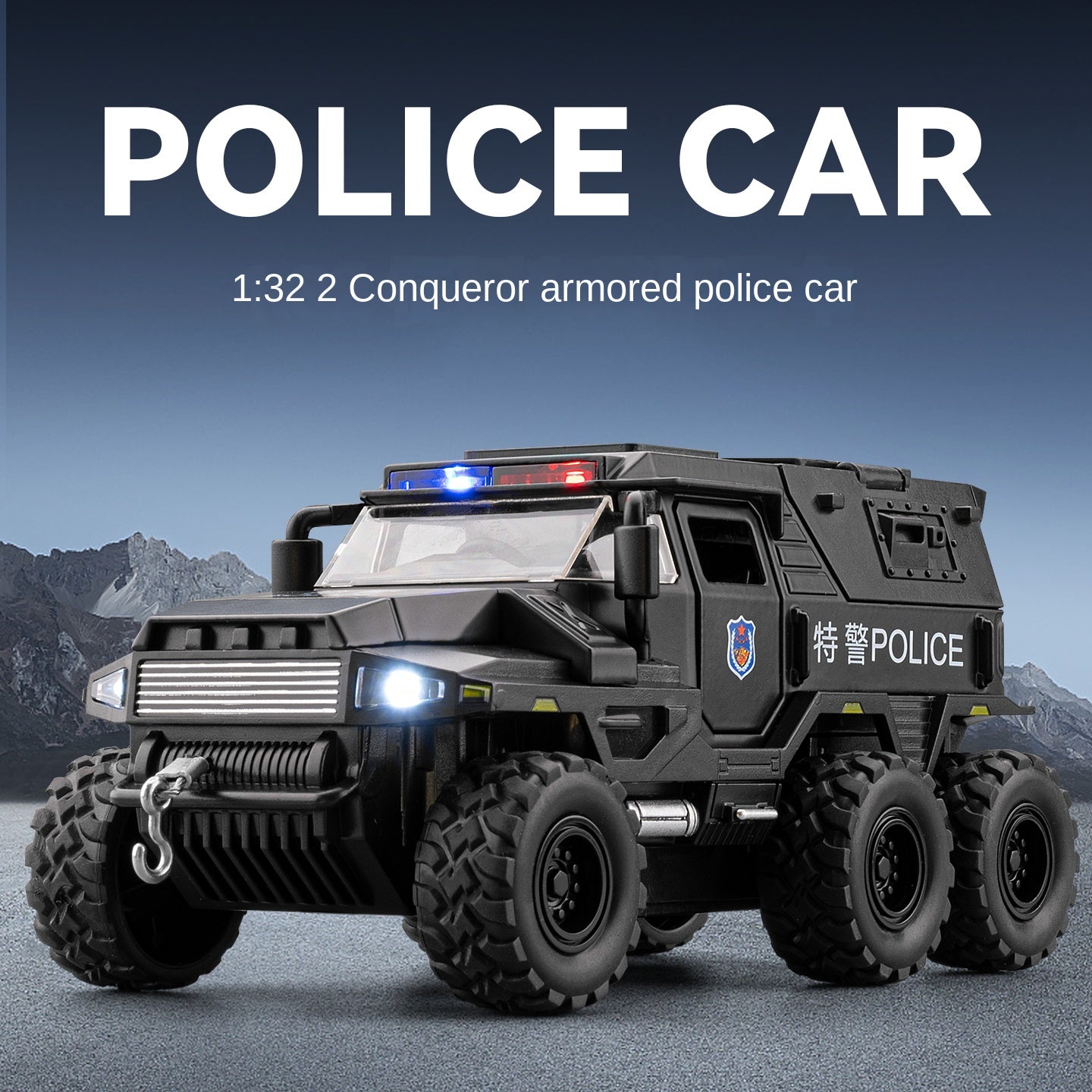 Chezhi 1:32 Scale Die-Cast Alloy Model Toy Compatible with 6x6 Conqueror Police Vehicle - Police Lights & Siren, Opening Doors, Sound & Light, Pull-Back Function, Openable Sunroof & Removable Rear Cover - Law Enforcement Vehicle Collection