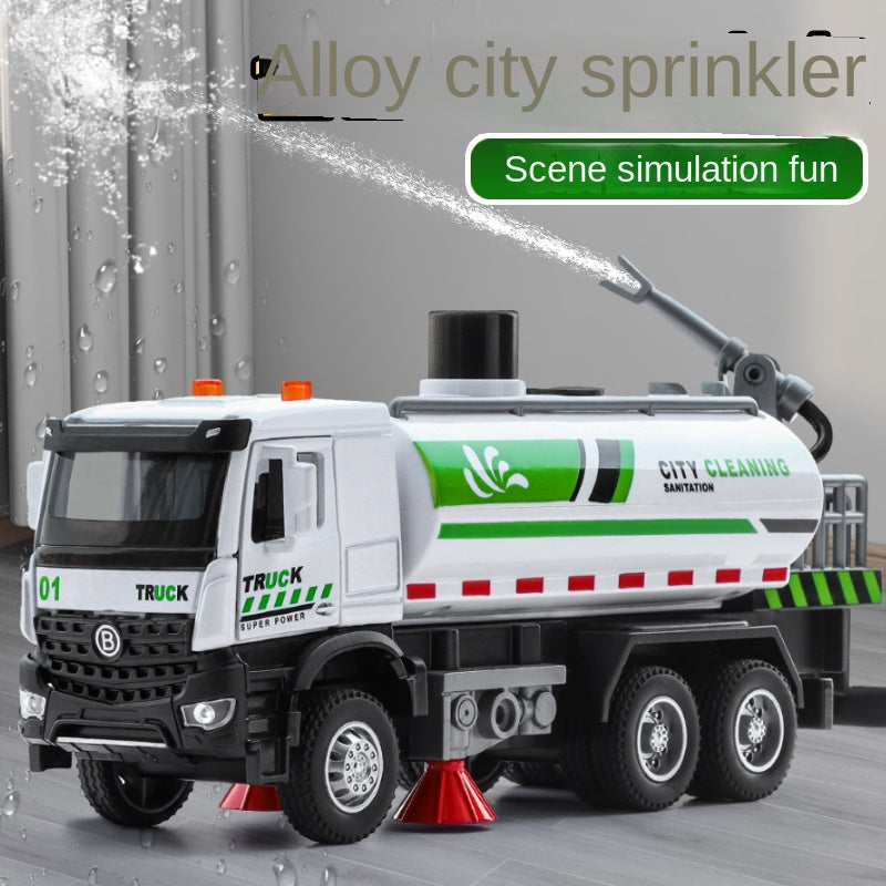 XHD 1:35 Scale City Water Sprinkler Die-Cast Engineering Vehicle Model Toy - Press-to-Spray Water Function, Rotating & Lifting Water Gun, Opening Doors, Sound & Light, Pull-Back Function - Municipal Vehicle Collection