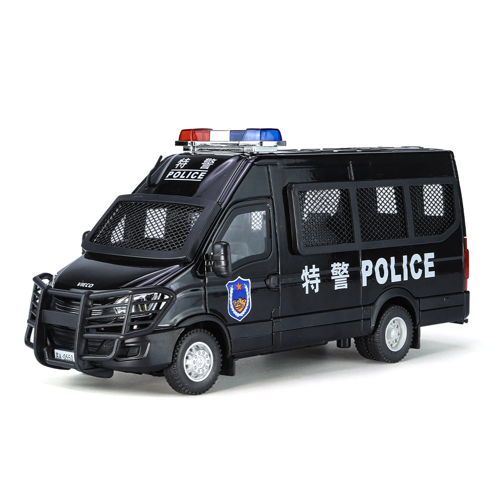 Jinglifang 1:24 Scale Die-Cast Alloy Model Toy Compatible with Iveco Police Vehicle - with Working Police Lights, Opening Doors, Sound & Light, Pull-Back Function, Shock Absorption & Steering - Law Enforcement Vehicle Collection