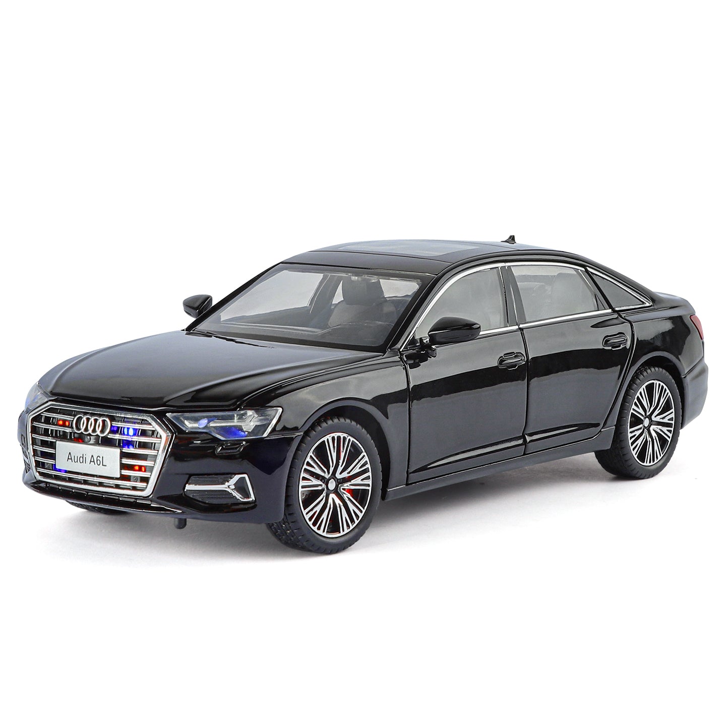 Audi A6L con licencia HaoChi a escala 1:24, modelo de aleación fundida a presión con parrilla y luces intermitentes. Puertas que se abren, sonido e iluminación, función de retroceso, amortiguación, dirección y bocina. Colección de sedanes de lujo.