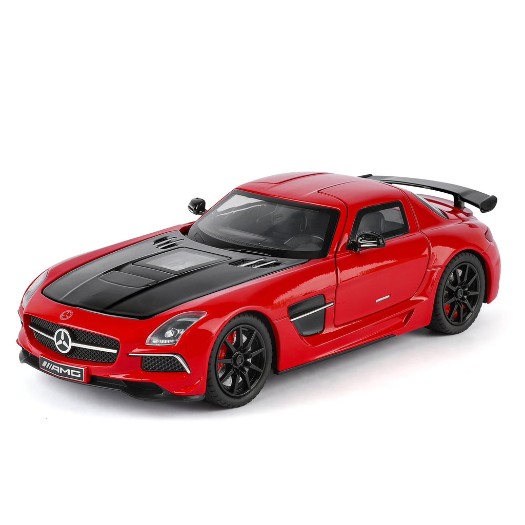 Juguete modelo de aleación fundida a presión XHD a escala 1:24 compatible con Mercedes-Benz SLS AMG: puertas que se abren, sonido e iluminación, función de retroceso, amortiguación, dirección, bocina y espejos plegables - Colección de superdeportivos