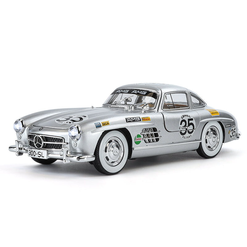 Jinglifang 1:24 Scale Die-Cast Alloy Model Toy Compatible with Mercedes-Benz 300SL Racing Livery - Opening Doors, Sound & Light, Pull-Back Function, Shock Absorption, Steering & Horn - Classic Sports Car Collection