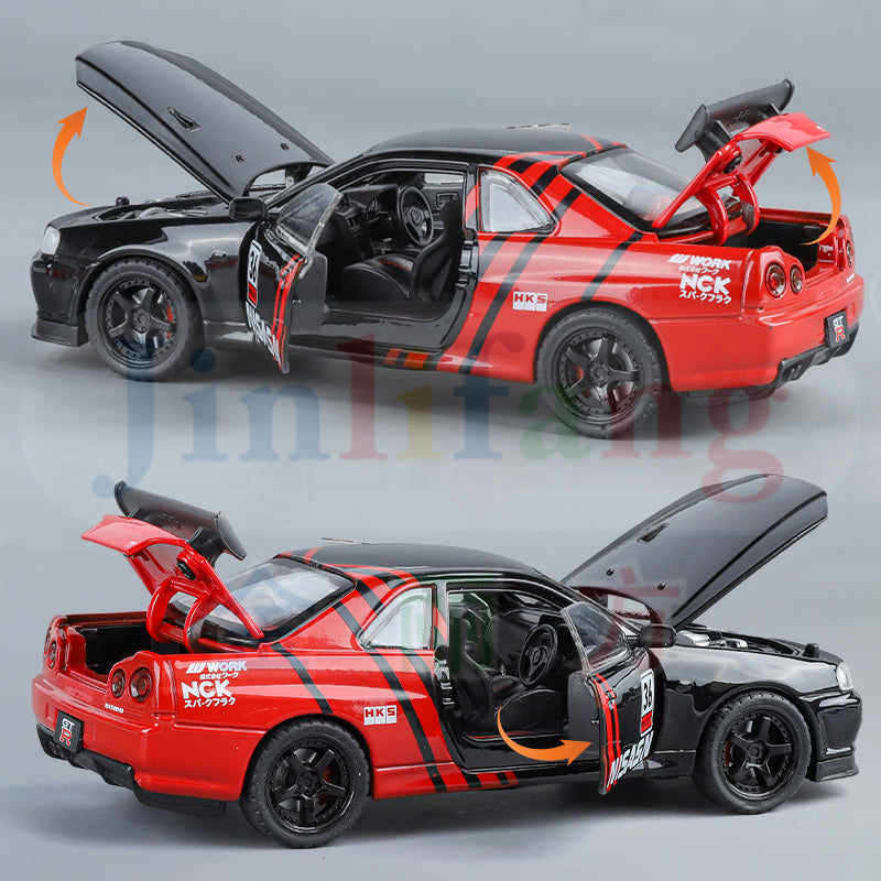 Jin Lifang 1:32 Die-Cast Alloy Model - Compatible with Nissan Skyline GT-R (R34) - JDM Icon with Racing Livery, Opening Doors, Sound & Light & Pull-Back Action