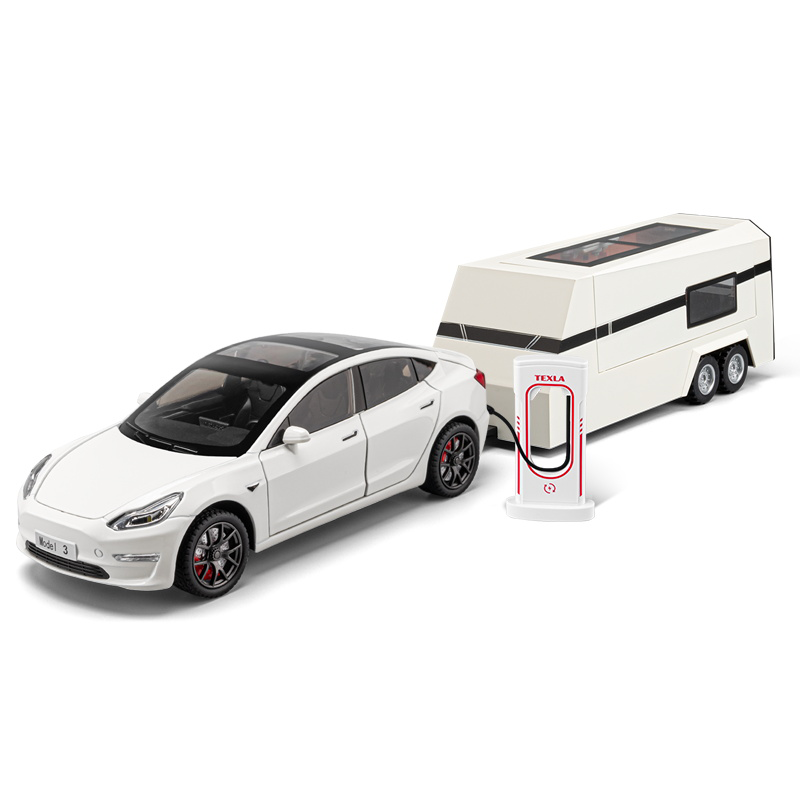 Chezhi 1:24 Die-Cast Alloy Model - Compatible with Tesla Model 3 & Travel Trailer - Electric Vehicle Caravan Set with Opening Doors, Sound & Light, Pull-Back Action, Shock Absorption & Steering