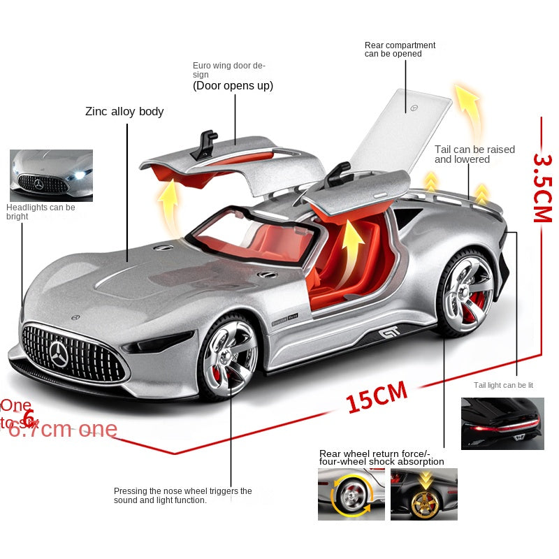 Mercedes-AMG Vision Gran Turismo a escala 1:32 XHD, modelo de aleación fundida a presión: puertas que se abren, sonido e iluminación, función de retroceso, amortiguación y alerón trasero ajustable. Colección de prototipos.