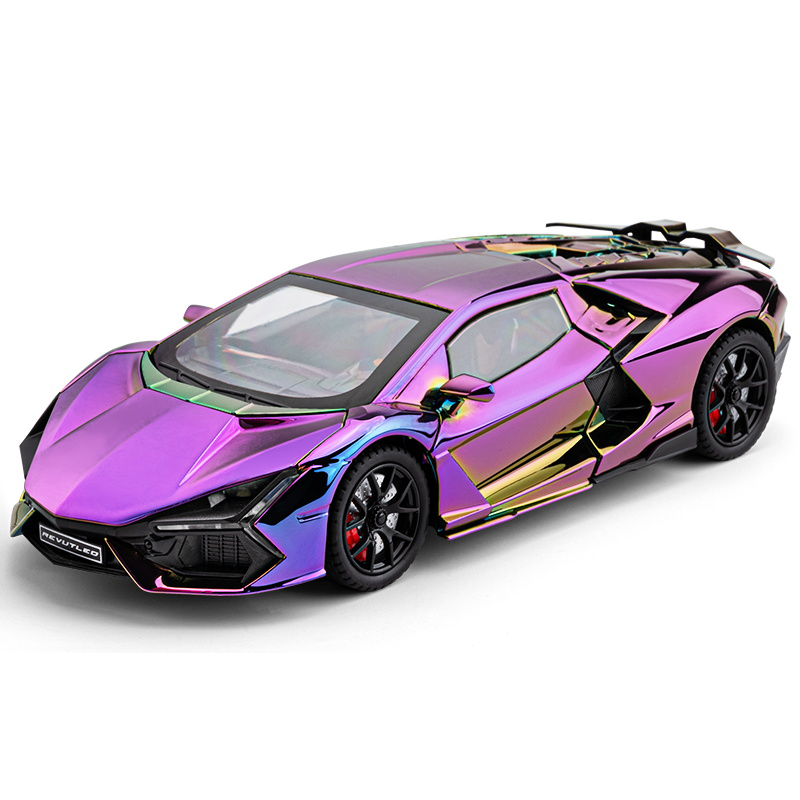 Chezhi 1:24 Chrome Edition Die-Cast Alloy Model - Compatible with Lamborghini Revuelto - Flagship Hybrid Hypercar with Spray Effect, Opening Doors, Sound & Light, Pull-Back Action, Shock Absorption & Adjustable Rear Wing