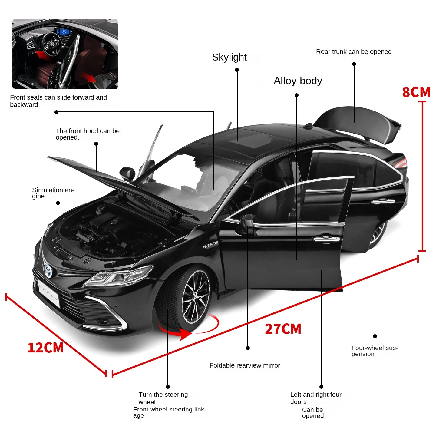 Black Mamba 1:18 Scale Licensed 2023 Toyota Camry Die-Cast Alloy Static Sedan Model - Rolling Function, Opening Doors, Shock Absorption, Steering, Adjustable Seats & Foldable Mirrors - Official Sedan Collection
