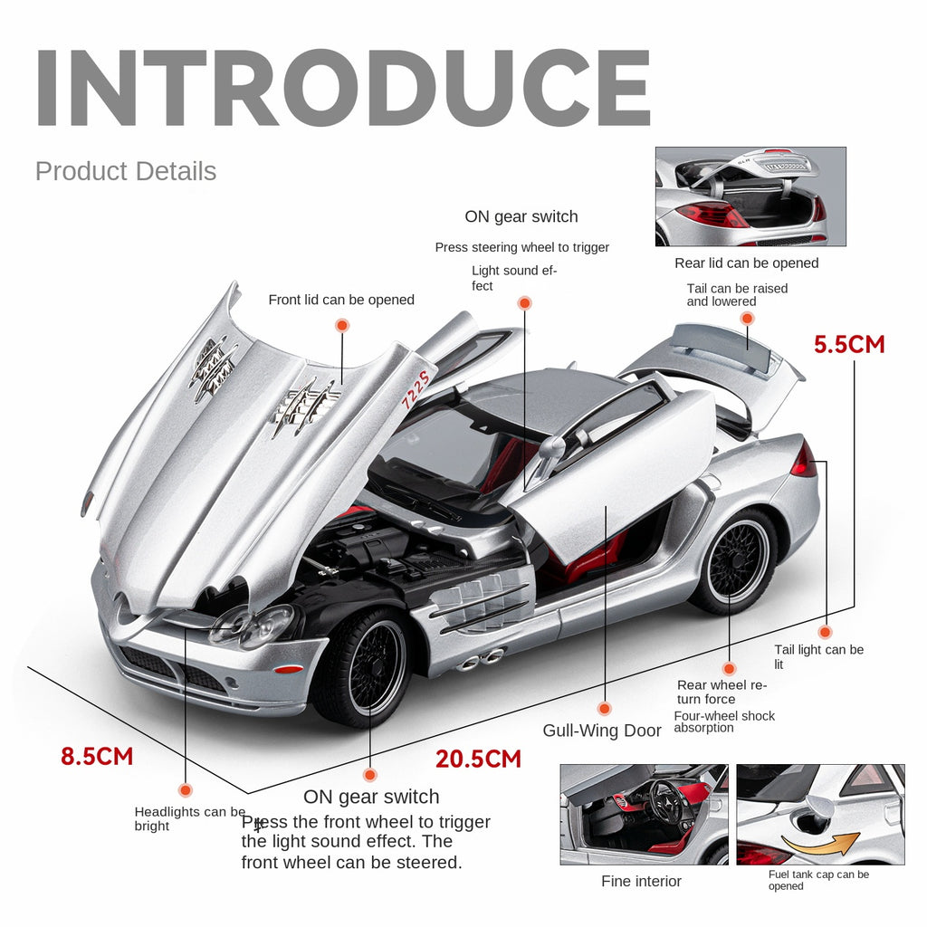 Chezhi 1:24 Scale Die-Cast Alloy Model Toy Compatible with Mercedes-Benz SLR McLaren 722 S - Opening Doors, Sound & Light, Pull-Back Function, Shock Absorption, Steering, Horn, Adjustable Rear Wing & Removable Fuel Cap - Supercar Collection