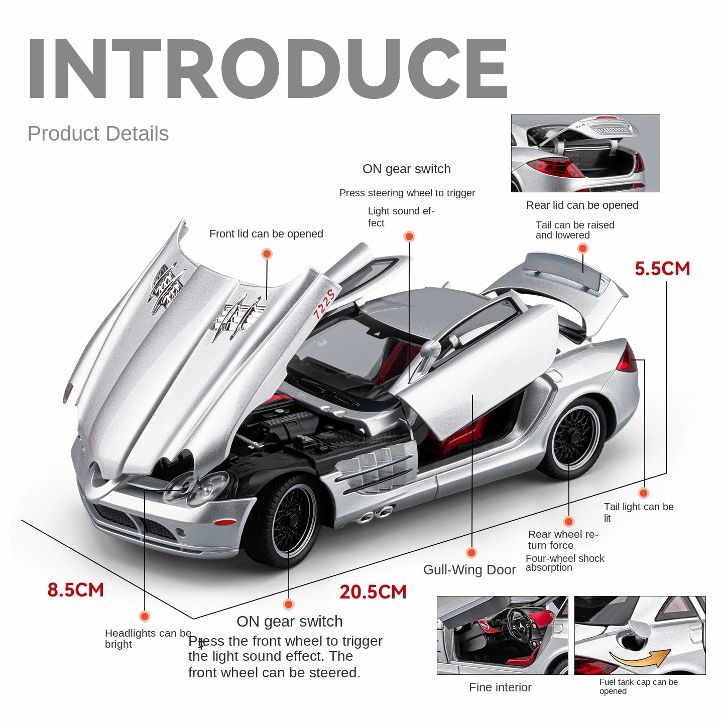 Chezhi 1:24 Scale Die-Cast Alloy Model Toy Compatible with Mercedes-Benz SLR McLaren 722 S - Opening Doors, Sound & Light, Pull-Back Function, Shock Absorption, Steering, Horn, Adjustable Rear Wing & Removable Fuel Cap - Supercar Collection