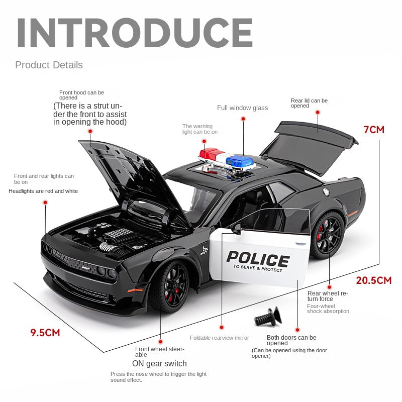 Chezhi 1:24 Die-Cast Alloy Model - Compatible with Dodge Challenger SRT Hellcat - Police Pursuit Vehicle with Opening Doors, Sound & Light, Pull-Back Action, Shock Absorption, Steering, Police Lights & Siren