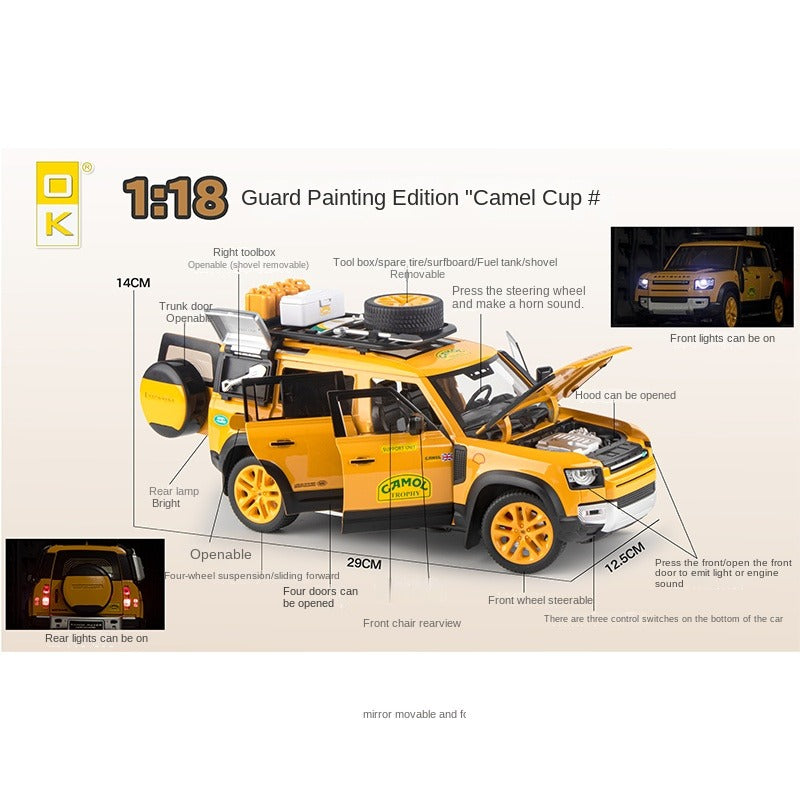 OK 1:18 Scale Die-Cast Alloy Model Toy Compatible with Land Rover Defender - Camel Trophy / Gulf Oil Liveries, with Roof Accessories, Opening Doors, Sound & Light, Shock Absorption, Steering & Horn - Classic Off-Road Collection