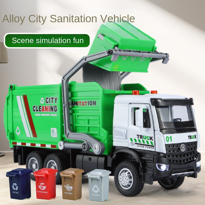 XHD 1:35 Scale City Sanitation Truck Die-Cast Alloy Model Toy with Mini Garbage Bins - Opening Doors, Sound & Light, Pull-Back Function - Municipal Vehicle Collection