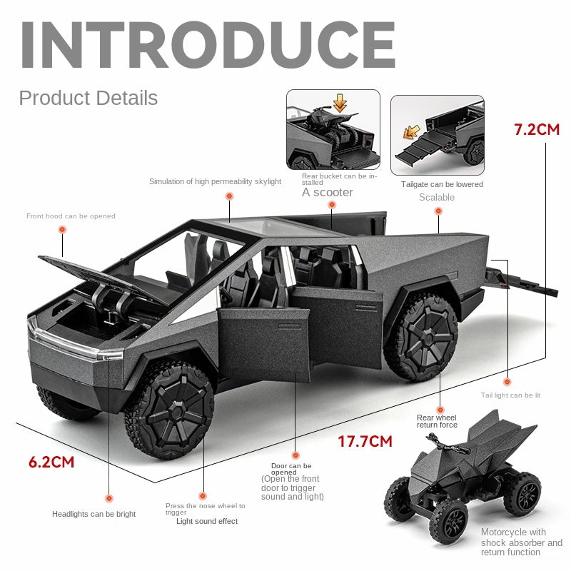 Chezhi 1:32 Scale Die-Cast Alloy Model Toy Compatible with Tesla Cybertruck - with Mini Motorcycle, Opening Doors, Sound & Light, Pull-Back Function - Electric Truck Collection