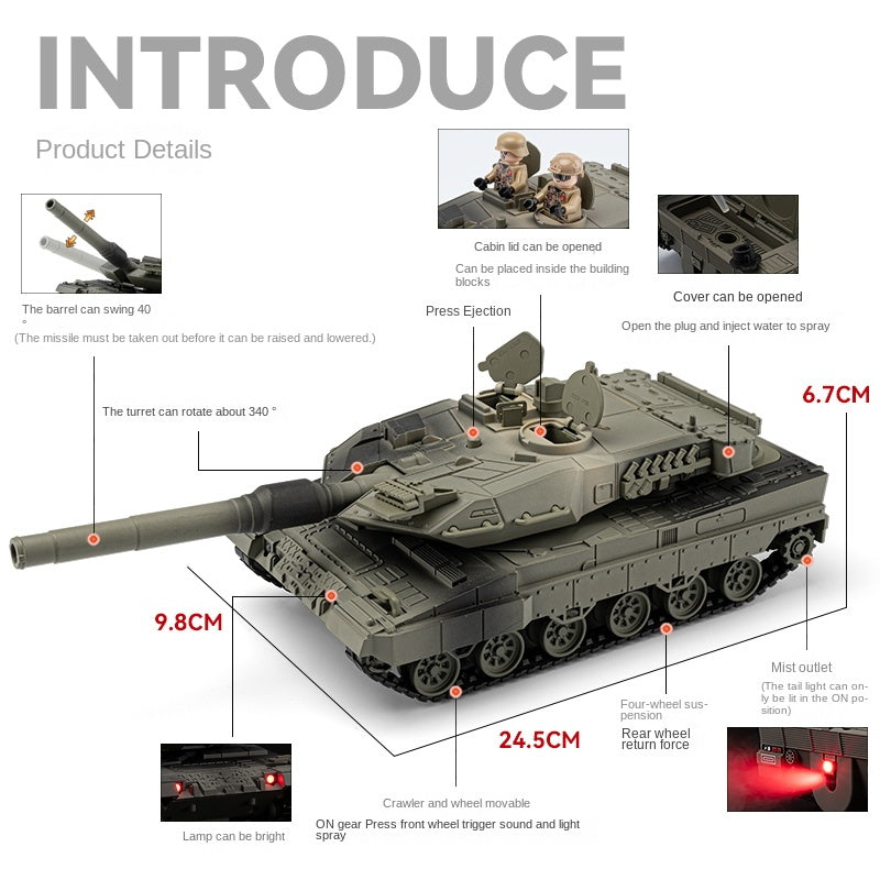 Chezhi Die-Cast Alloy Model - Compatible with Leopard 2 Main Battle Tank - Military Edition with Smoke/Missile Ejection, Action Figures, Opening Hatches, Sound & Light, Pull-Back Action & Shock Absorption