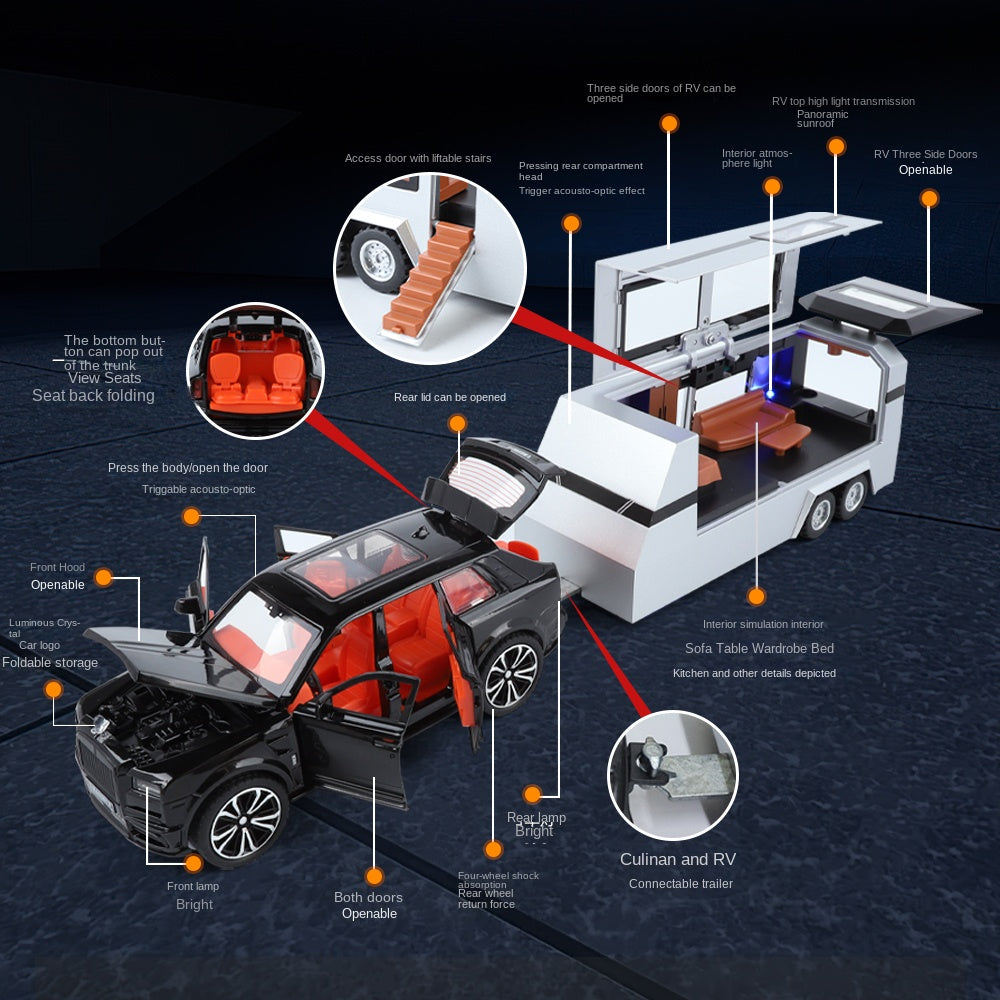 XHD 1:32 Die-Cast Alloy Model - Compatible with Rolls-Royce Cullinan & Travel Trailer - Luxury Caravan Set with Opening Doors, Sound & Light, Pull-Back Action & Shock Absorption