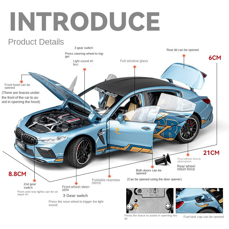 Chezhi 1:24 Scale Die-Cast Alloy Model Toy Compatible with BMW M8 - Opening Doors, Sound & Light, Pull-Back Function, Shock Absorption, Steering, Horn, Removable Fuel Cap & Foldable Mirrors - Luxury Sports Car Collection