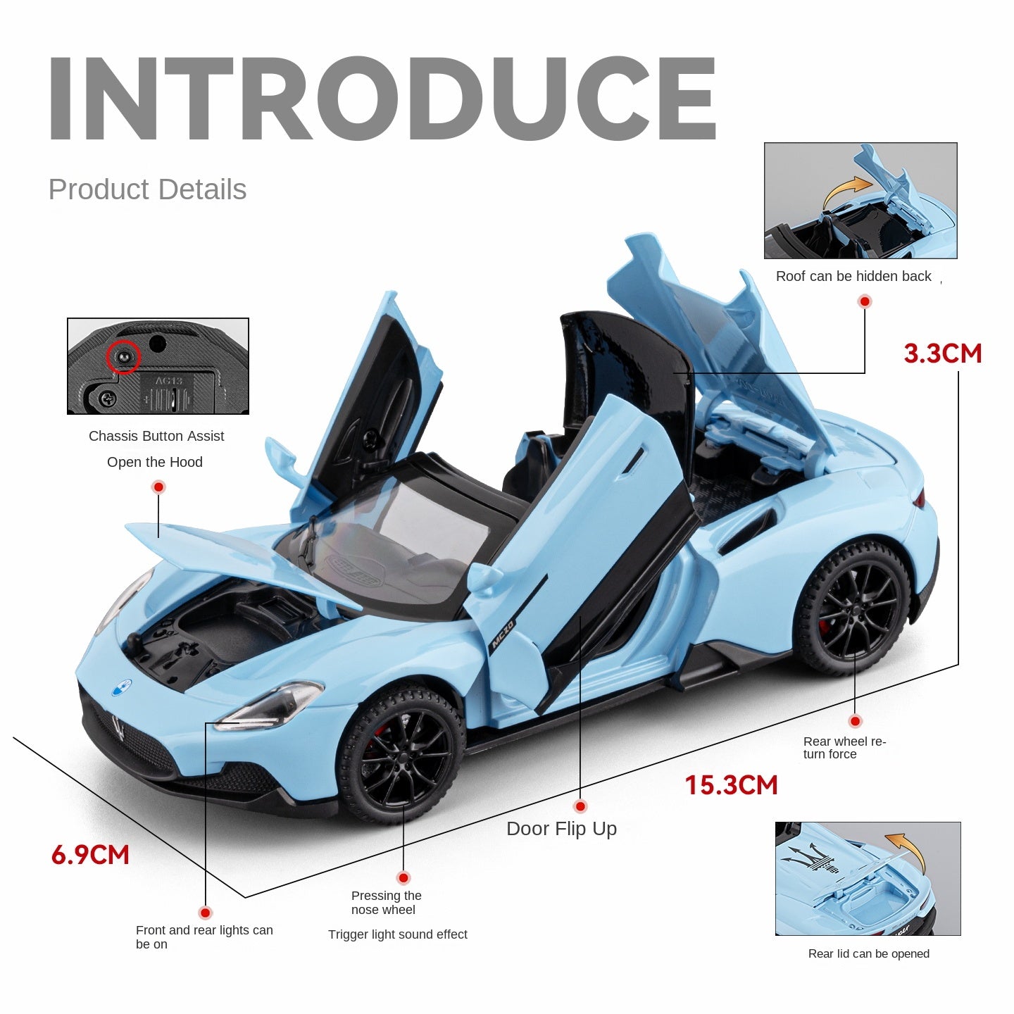 Maqueta de juguete Chezhi a escala 1:32 de aleación fundida a presión compatible con Maserati MC20: techo rígido retráctil, puertas que se abren, sonido e iluminación, función de retroceso - Colección de superdeportivos italianos