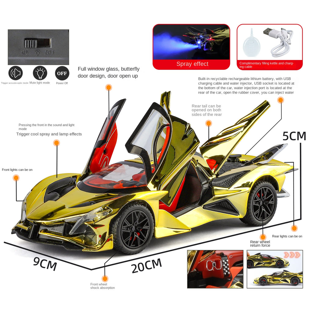 Apollo Intensa Emozione, modelo de aleación fundida a presión, edición cromada, escala 1:24, XHD: efecto humo, puertas que se abren, sonido e iluminación, función de retroceso y amortiguación - Colección Hypercar