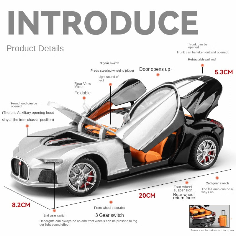 Chezhi 1:24 Die-Cast Alloy Model - Compatible with Bugatti Atlantic - with Mini Luggage Set, Opening Doors, Sound & Light, Pull-Back Action, Shock Absorption, Steering & Horn