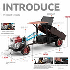 1:24 Die-Cast Alloy Walk-Behind Tractor Model - Walking Tractor with Simulated Starting Crank, Sound & Light, Pull-Back Action, Steering, Liftable Trailer & Lowerable Tailgate