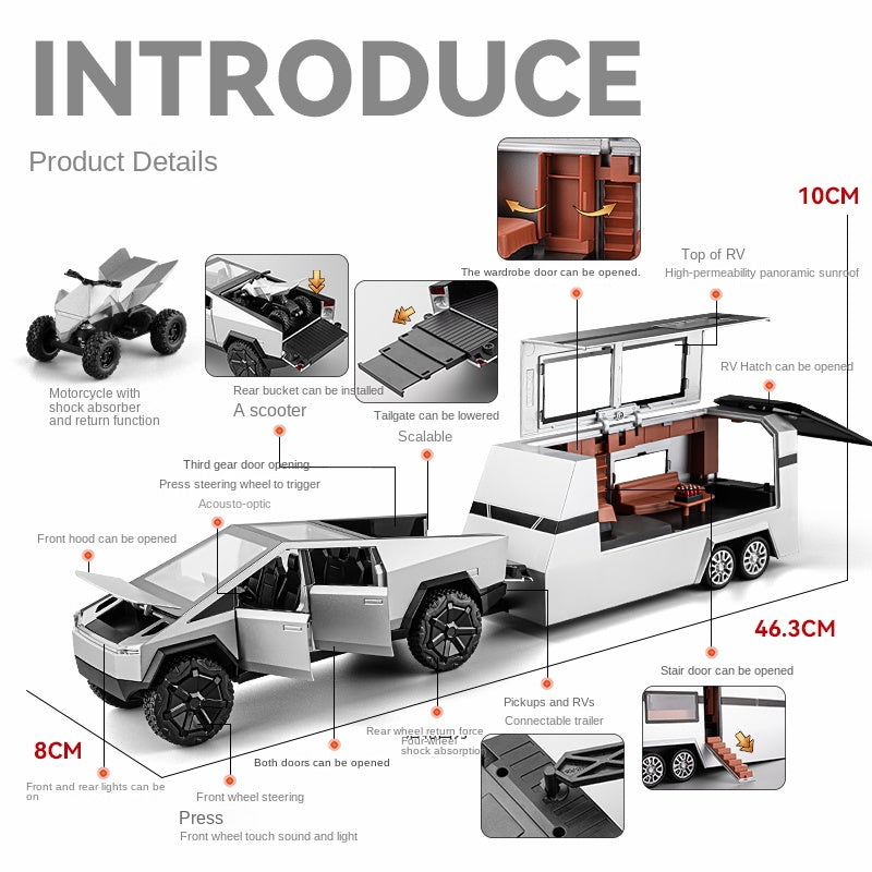 Chezhi 1:24 Scale Die-Cast Alloy Model Toy Set Compatible with Tesla Cybertruck + Camper Trailer + Mini Motorcycle - Opening Doors, Sound & Light, Pull-Back Function - Electric Adventure Collection