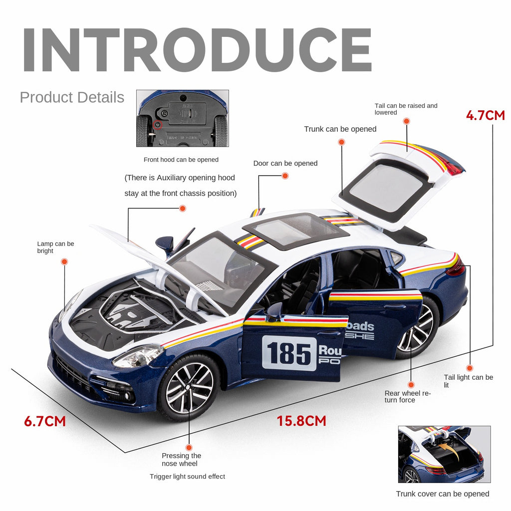 Modelo de juguete Chezhi a escala 1:32 de aleación fundida a presión, compatible con Porsche Panamera Track Edition. Puertas que se abren, sonido e iluminación, función de retroceso y alerón trasero ajustable. Colección de sedán deportivo.