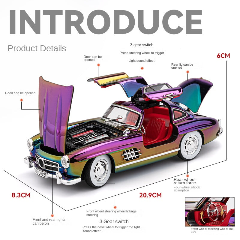 Chezhi 1:24 Chrome Edition Die-Cast Alloy Model - Compatible with Mercedes-Benz 300SL Gullwing - Classic Icon with Opening Doors, Sound & Light, Pull-Back Action, Shock Absorption & Interactive Steering Wheel