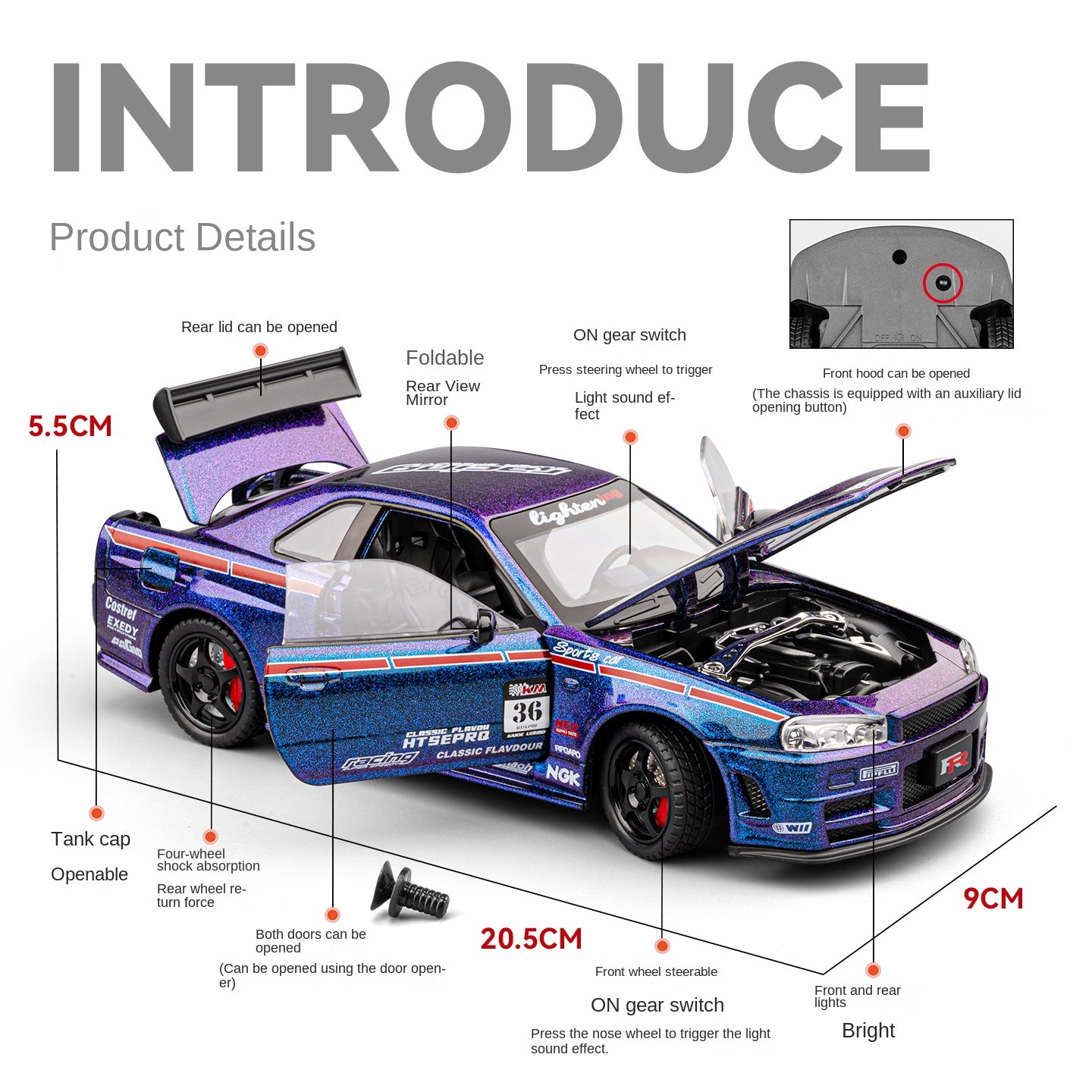 Chezhi 1:24 Scale Tuned Edition Die-Cast Alloy Model Toy Compatible with Nissan Skyline GT-R R34 - Opening Doors, Sound & Light, Pull-Back Function, Shock Absorption, Steering, Horn, Foldable Mirrors & Removable Fuel Cap - JDM Sports Car Collection