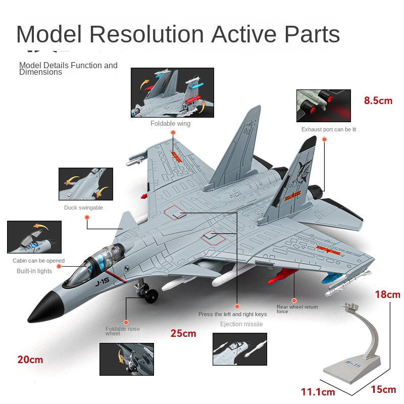 Chezhi 1:89 Scale Licensed J-15 Carrier-Based Fighter Die-Cast Alloy Aircraft Model with Display Stand - Ejectable Missiles, Opening Hatches, Sound & Light, Pull-Back Function - Official Naval Aviation Collection