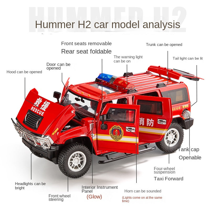 OK 1:18 Die-Cast Alloy Model - Compatible with Hummer H2 - Police & Fire Rescue, Opening Doors, Sound & Light, Shock Absorption, Interactive Steering Wheel, Adjustable Seats & Opening Fuel Cap