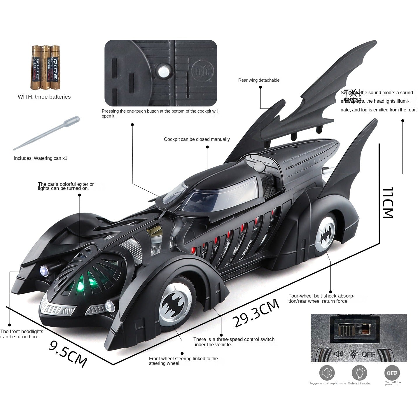 Qiyi 1:24 Scale Licensed 1995 Batmobile Die-Cast Alloy Model Toy - Smoke Effect, Removable Rear Wing, Opening Canopy, Sound & Light, Pull-Back Function, Shock Absorption & Steering - Movie Vehicle Collection