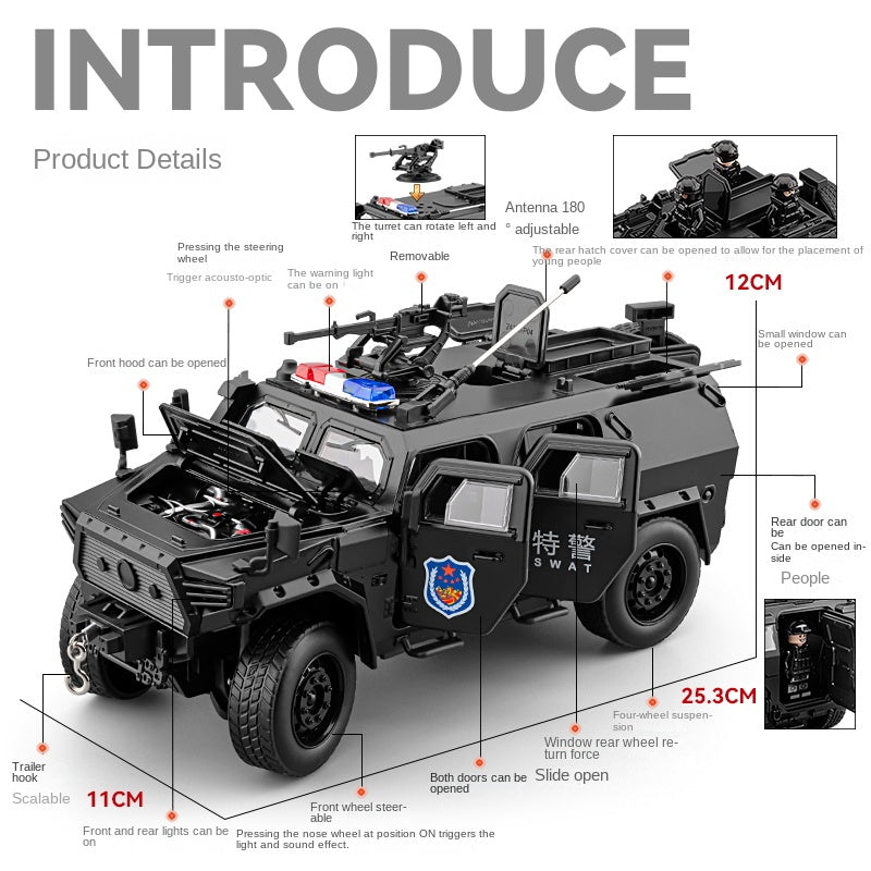 Chezhi 1:20 Die-Cast Alloy Police Car Model - Dongfeng Mengshi Style, with Extendable Winch, Opening Doors, Sound & Light, Pull-Back Action, Shock Absorption & Steering