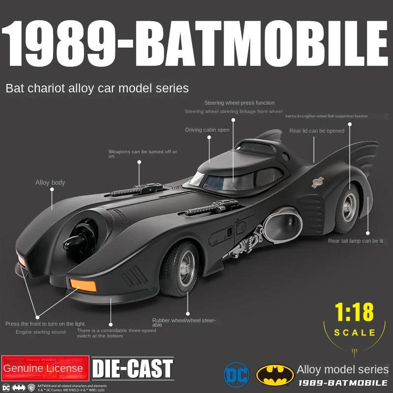 QiYi 1:18 Licensed 1989 Batmobile Die-Cast Alloy Model - Official Movie Replica with Opening Canopy, Sound & Light, Shock Absorption & Interactive Steering Wheel
